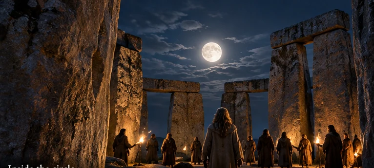 Artistic recreation of moonlight within Stonehenge