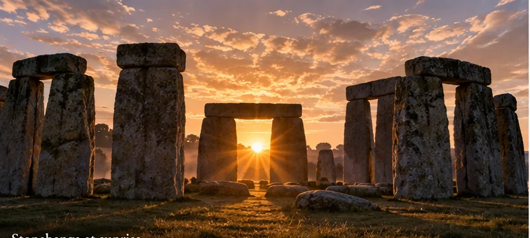 Artistic photorealistic reconstruction of Stonehenge at sunrise, with tall stones silhouetted by the sun
